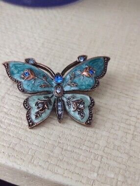 Blue Enamel Butterfly Brooch with Crystal Accents
